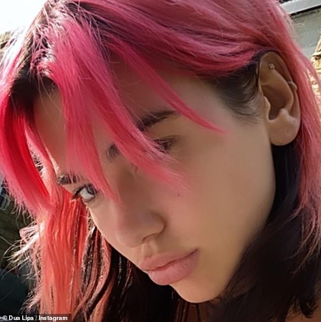 Glam: Dua looked sensational as she showed off her newly-dyed pink hair in a the snap as she entertained herself while in lockdown in 2020