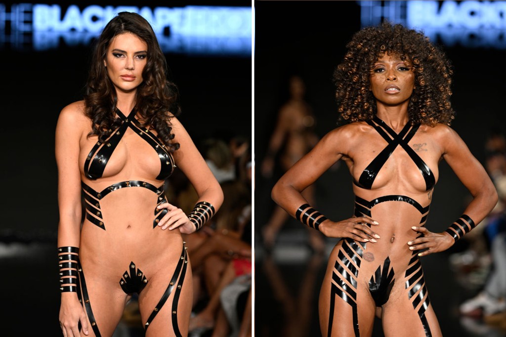 A Miami Swim Week show is attracting attention after its models walked the runway wearing nothing but adhesive across their privates. 